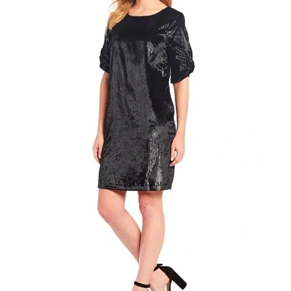 Gibson Latimer Size Large Black Velvet Metallic Sparkle Dress Short Sleeve Shift - Picture 1 of 16